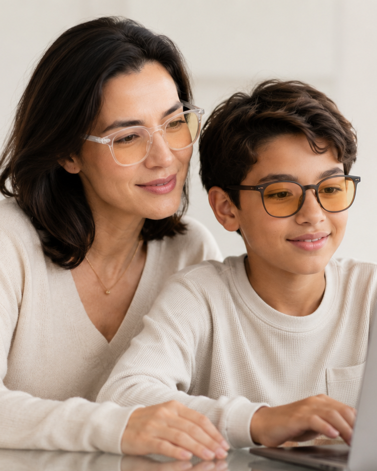 Family wearing blue light glasses